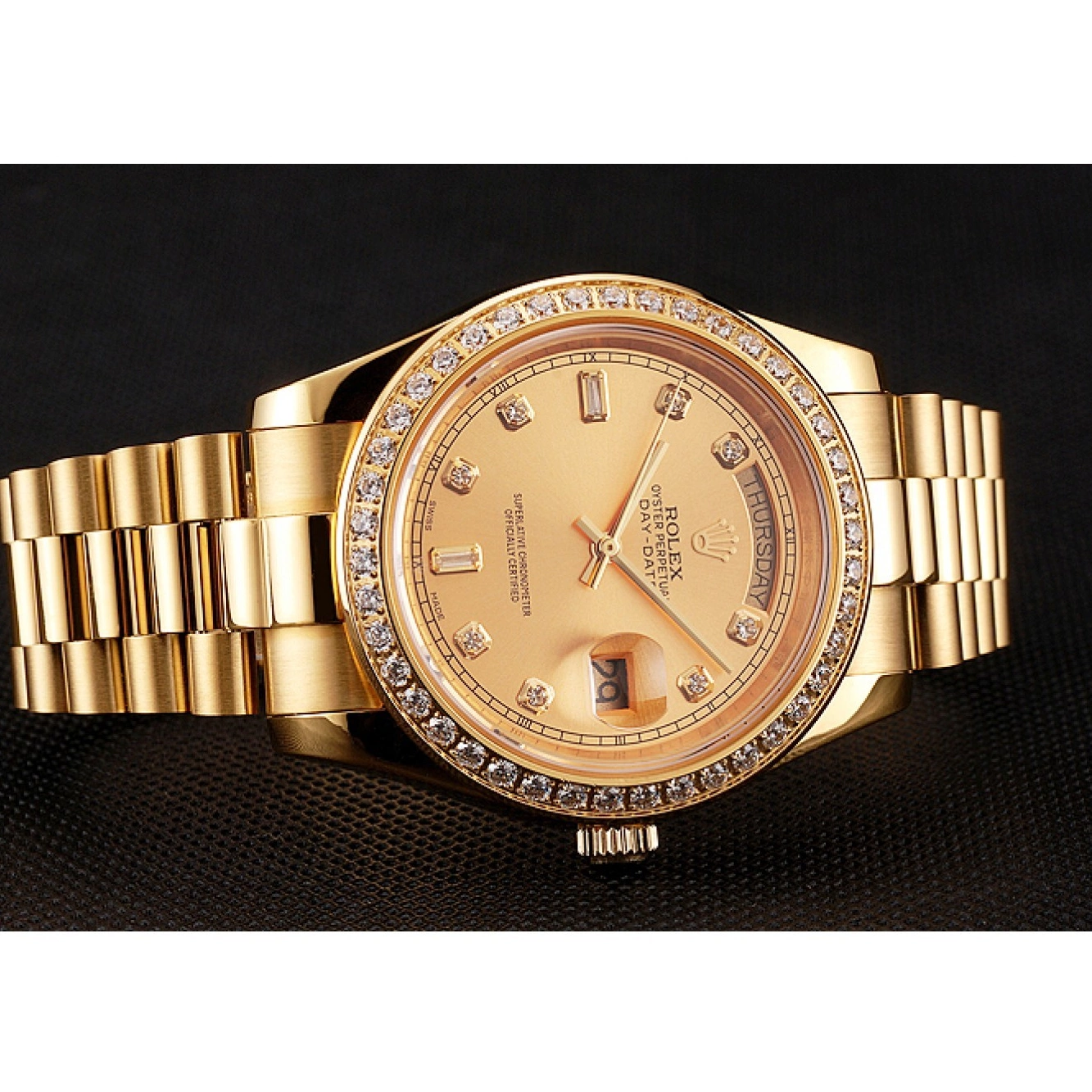 Aaa replica watch Dial 1454099 Swiss Bracelet Diamond Day-Date Bezel Gold Champagne Rolex 0730